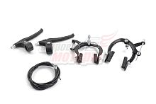 Тормоз ручной клещевой металлический с тросами (набор передний + задний+ пластиковые ручки+колодки)