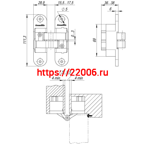 Петля Armadillo (Армадилло) скрытой установки U3D6200R SG правая (Architect 3D-ACH 60) мат. золото 60 кг фото 4 Петля Armadillo (Армадилло) скрытой установки U3D6200R SG правая (Architect 3D-ACH 60) мат. золото 60 кг фото 4